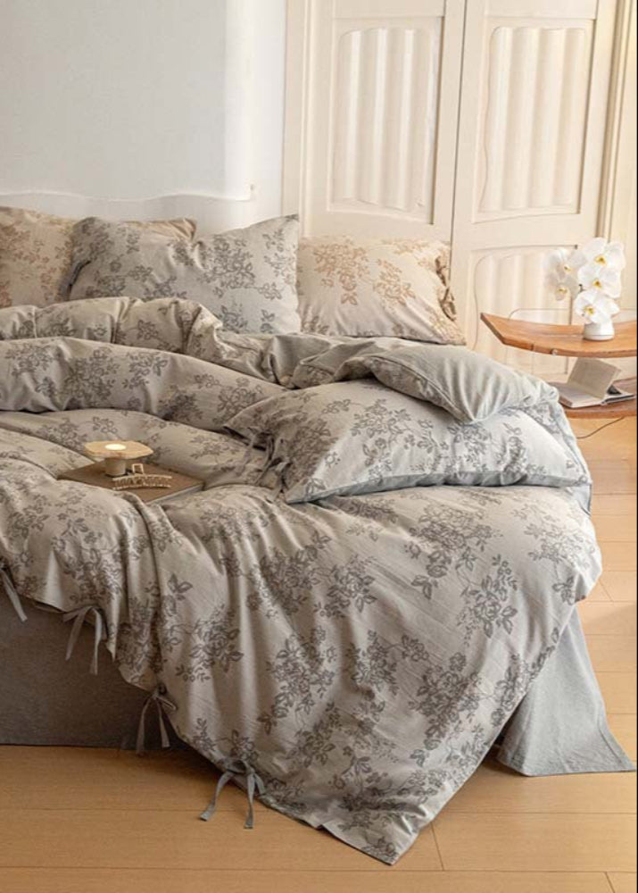 Bonnie Ribbon Bow Tie Floral Bedding Set / Light Gray