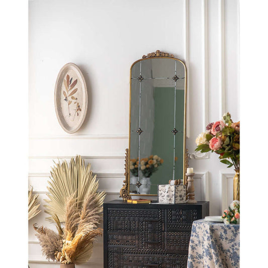 Vintage Arched Wall Mirror with Antique Gold Frame and Floral Detailing