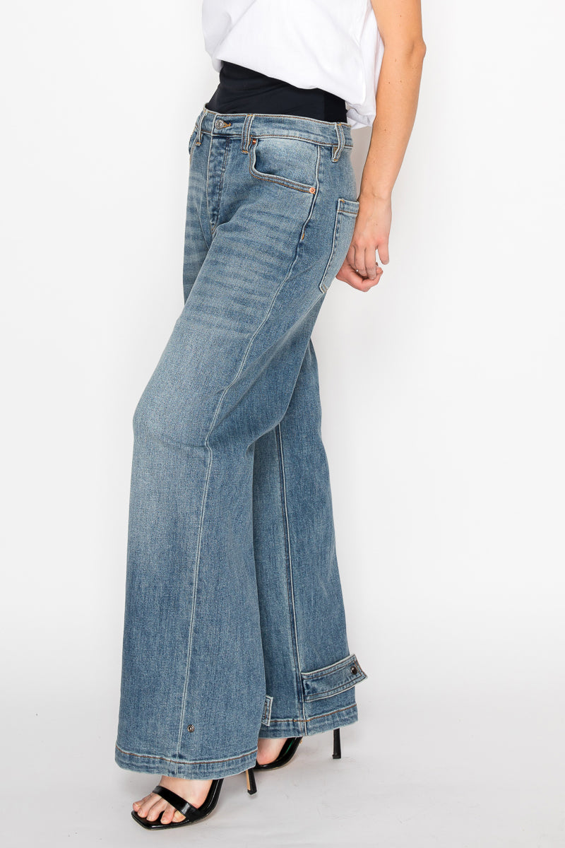 Adjustable Hem Knit Band Wide Leg Jeans