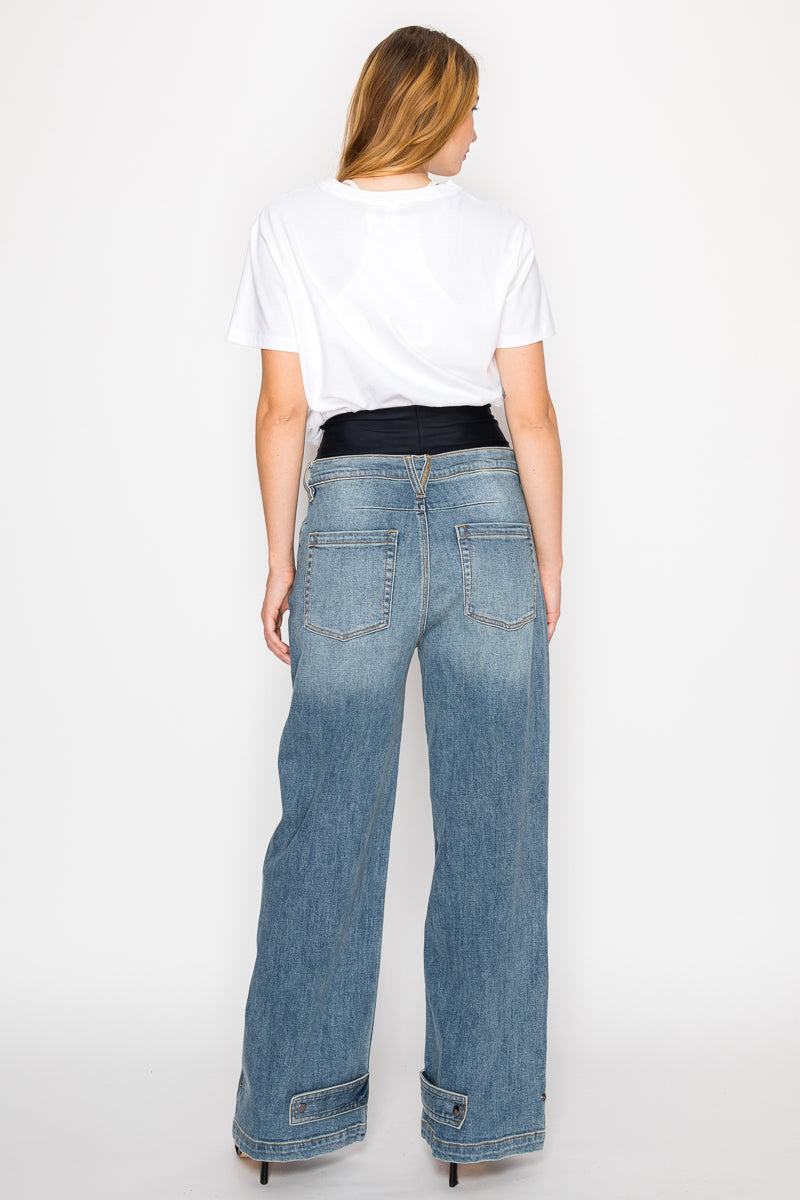 Adjustable Hem Knit Band Wide Leg Jeans
