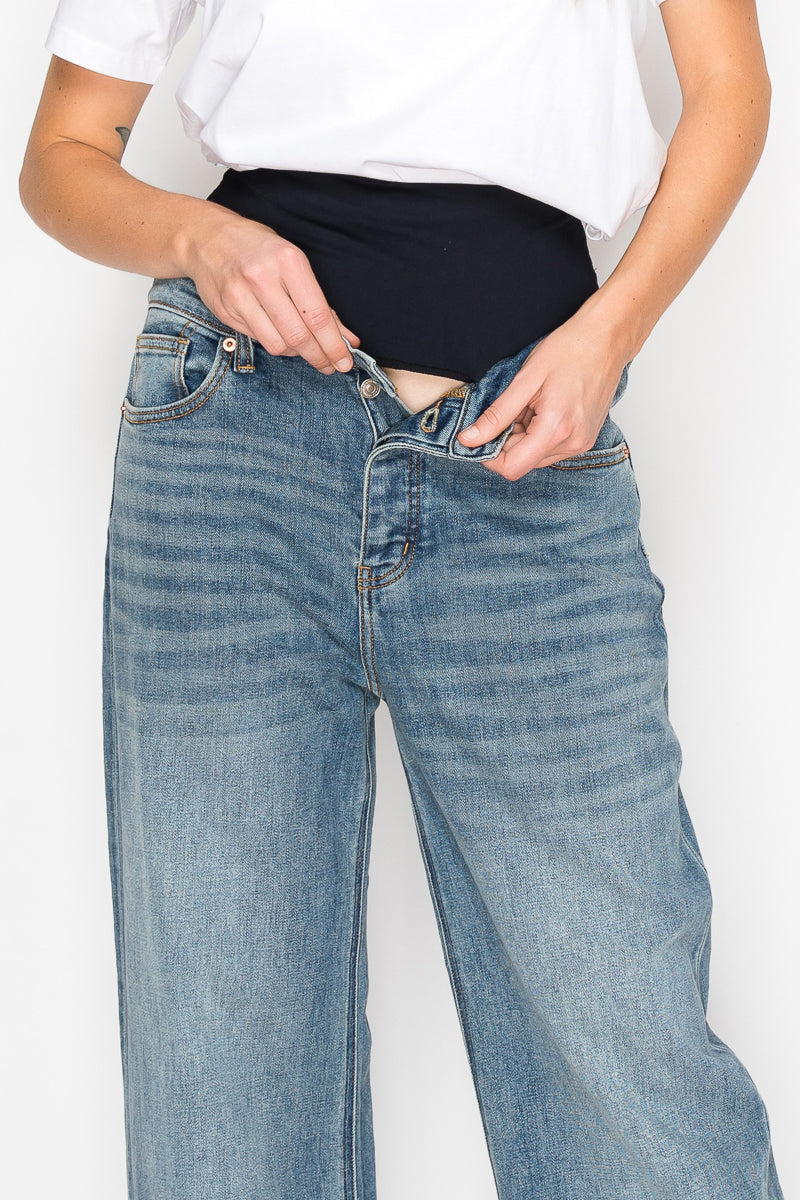 Adjustable Hem Knit Band Wide Leg Jeans