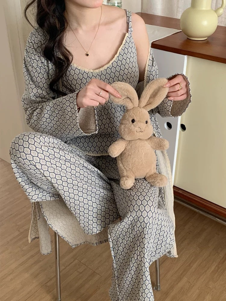 Floral Cotton Pajama Set / Brown
