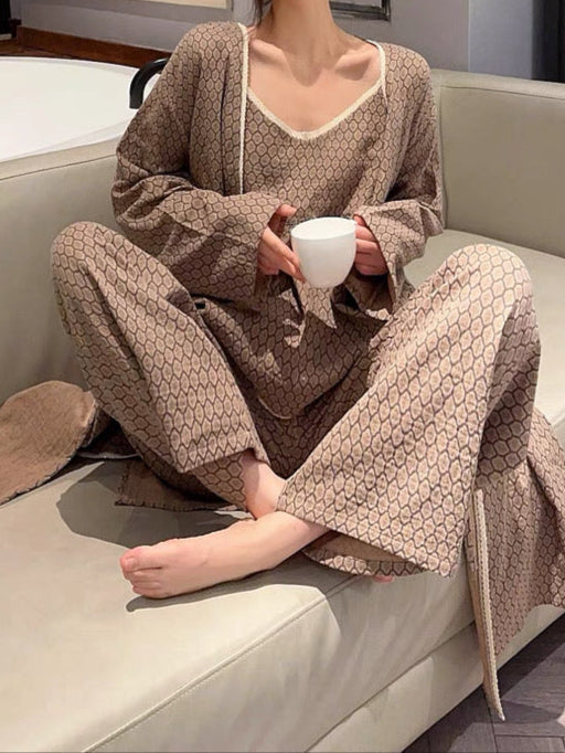 Floral Cotton Pajama Set / Brown