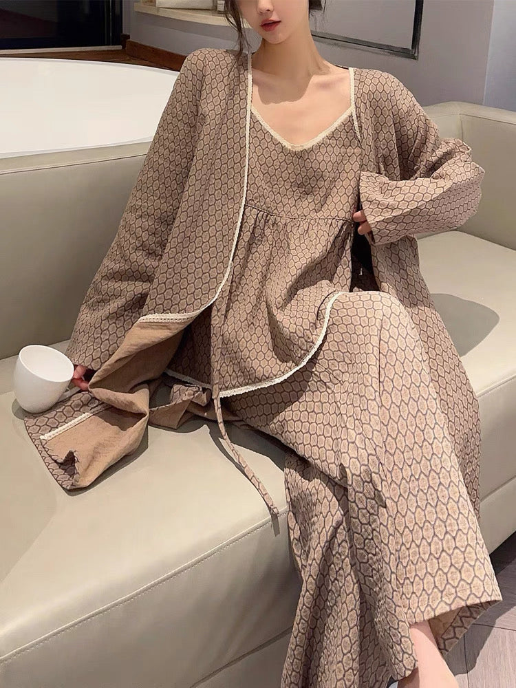 Floral Cotton Pajama Set / Brown