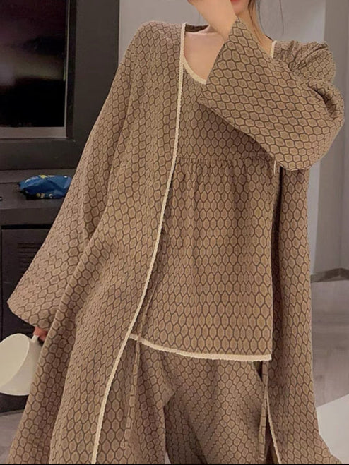 Floral Cotton Pajama Set / Brown
