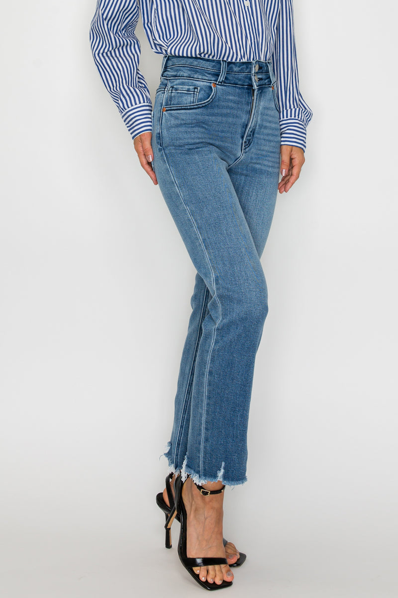 Altitude Heights Corset Double Waistband Straight Frayed Hem Jeans