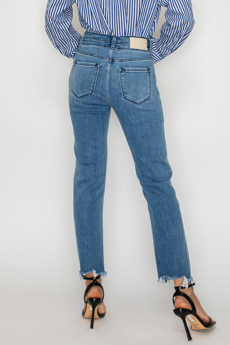 Altitude Heights Corset Double Waistband Straight Frayed Hem Jeans