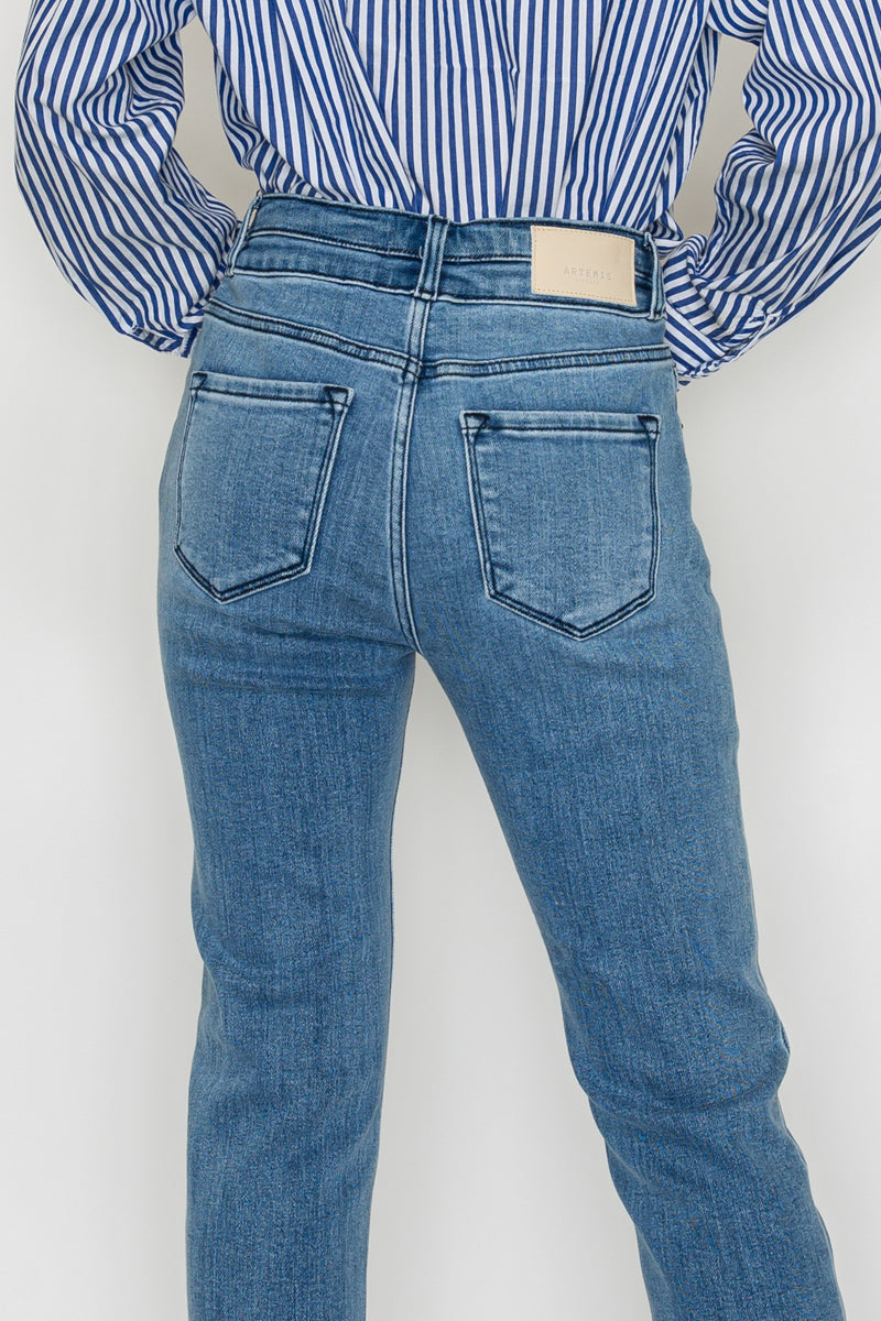Altitude Heights Corset Double Waistband Straight Frayed Hem Jeans