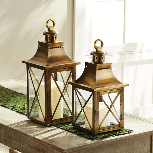 Antique Brass Lantern with Crossbar Glass and Hanging Ring