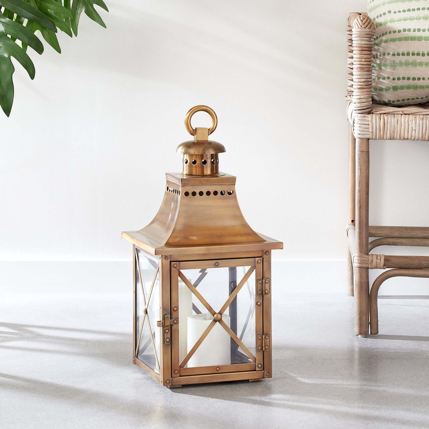 Antique Brass Lantern with Crossbar Glass and Hanging Ring