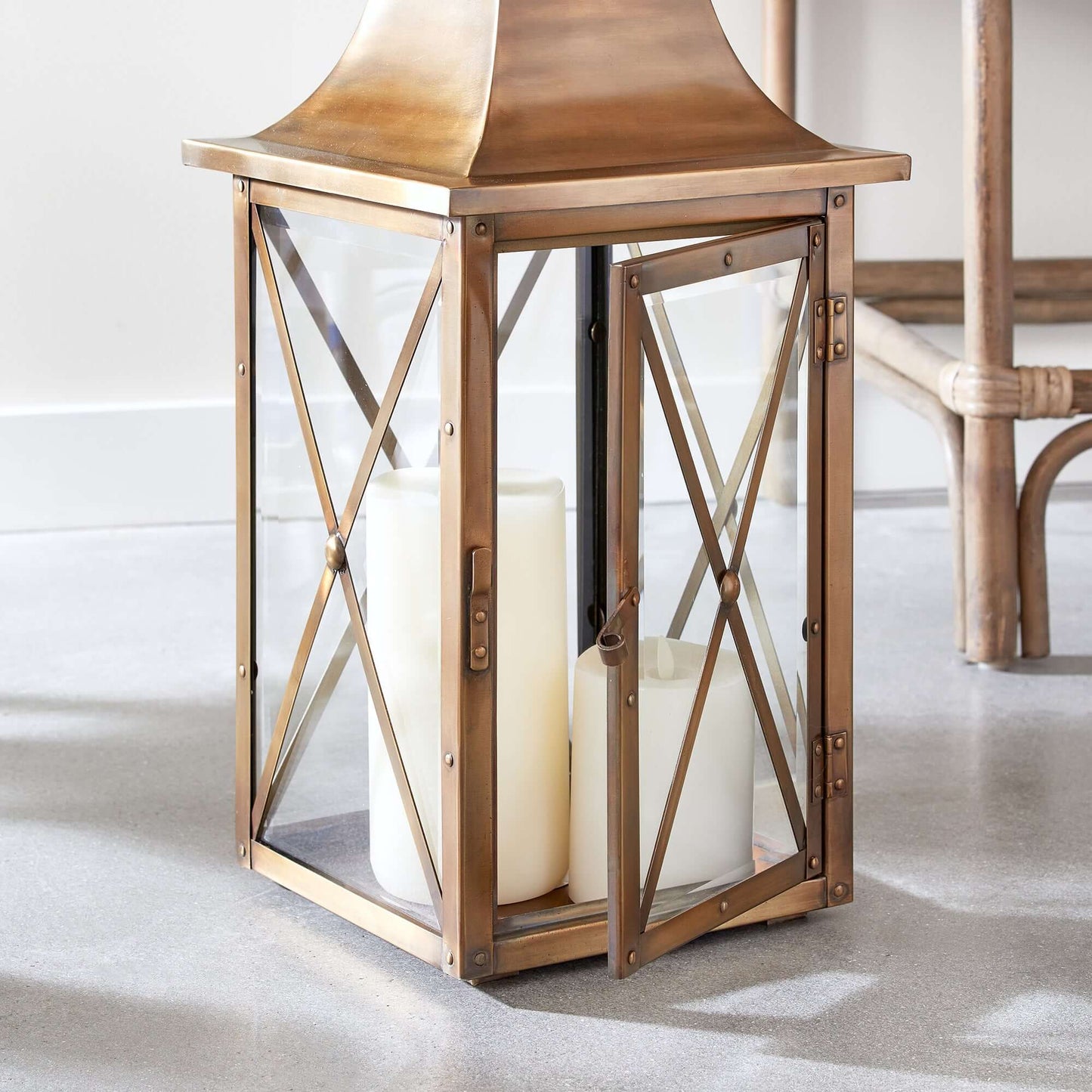Antique Brass Lantern with Crossbar Glass and Hanging Ring
