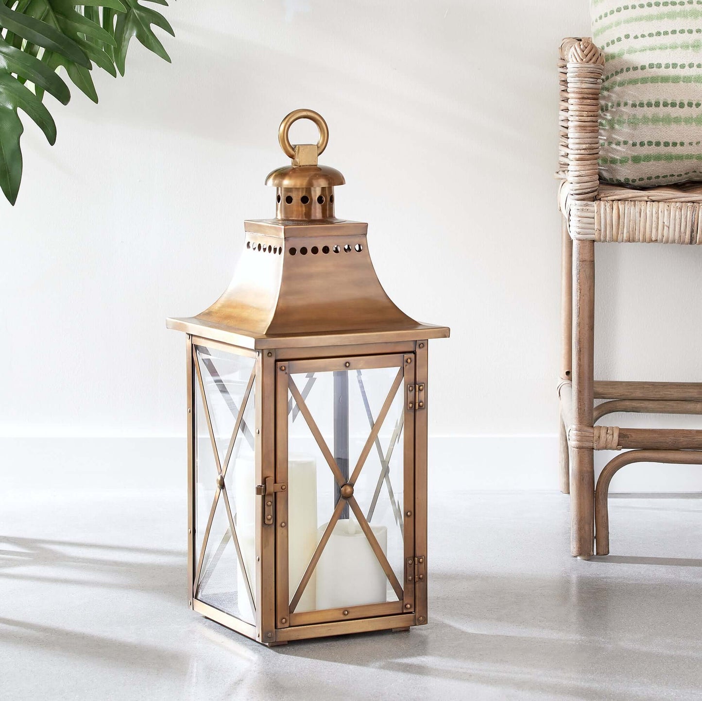 Antique Brass Lantern with Crossbar Glass and Hanging Ring