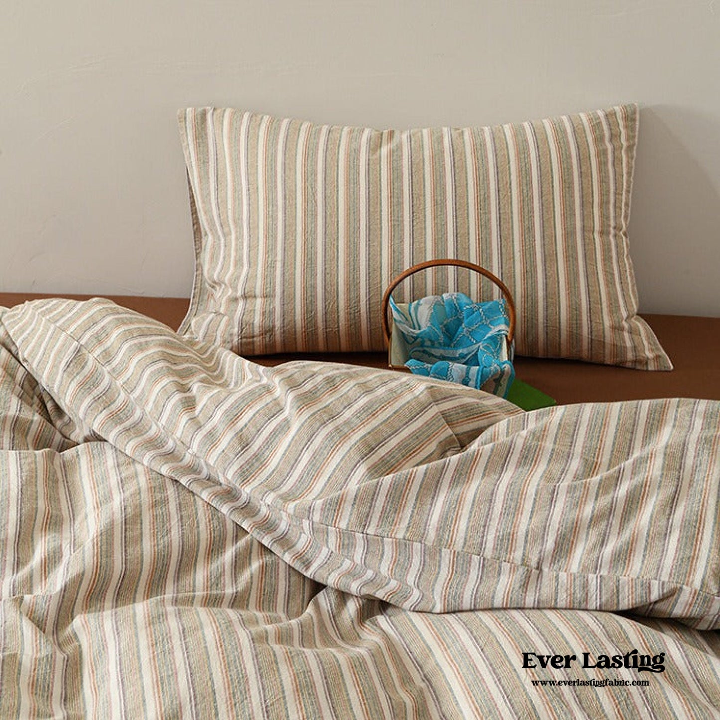 Ava Vintage Striped Cotton Bedding Set / Beige Striped