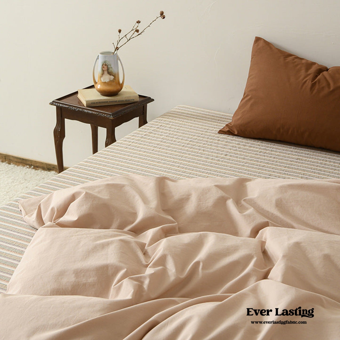 Ava Vintage Striped Cotton Bedding Set / Beige Striped