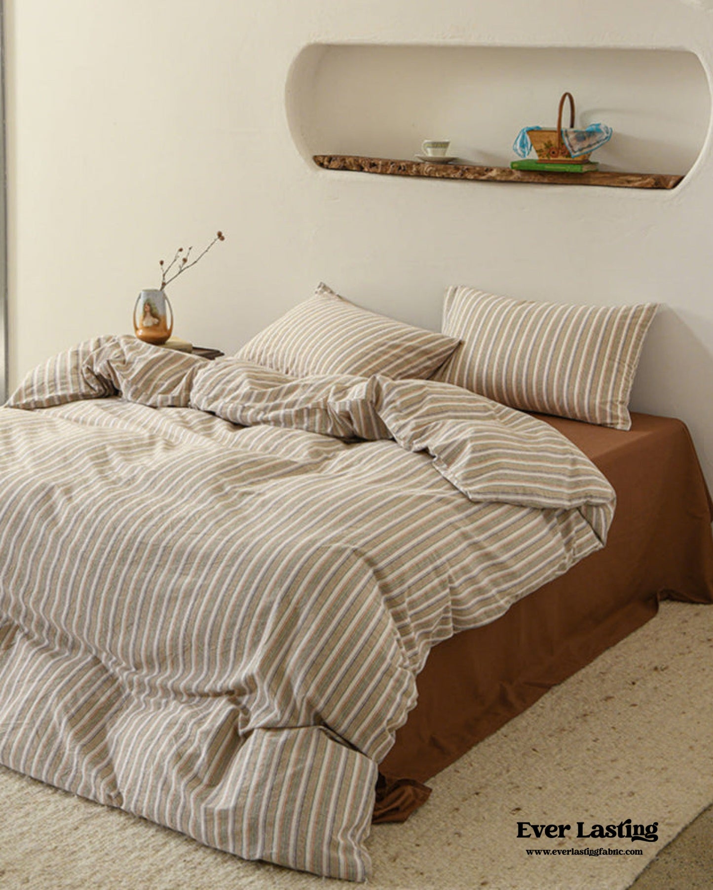 Ava Vintage Striped Cotton Bedding Set / Beige Striped