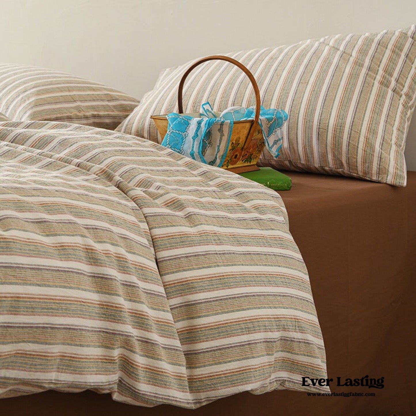 Ava Vintage Striped Cotton Bedding Set / Beige Striped