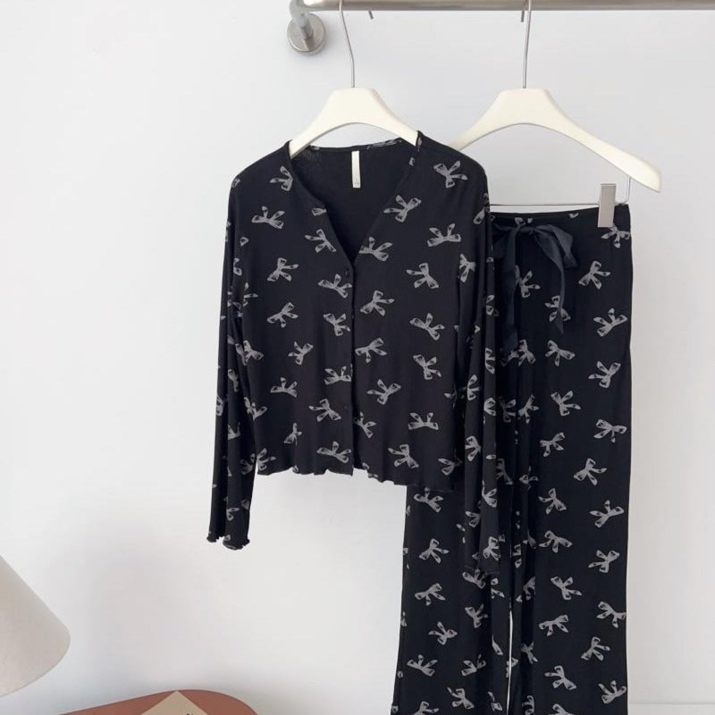 Bow V Neck Modal Pajama Set / Gray