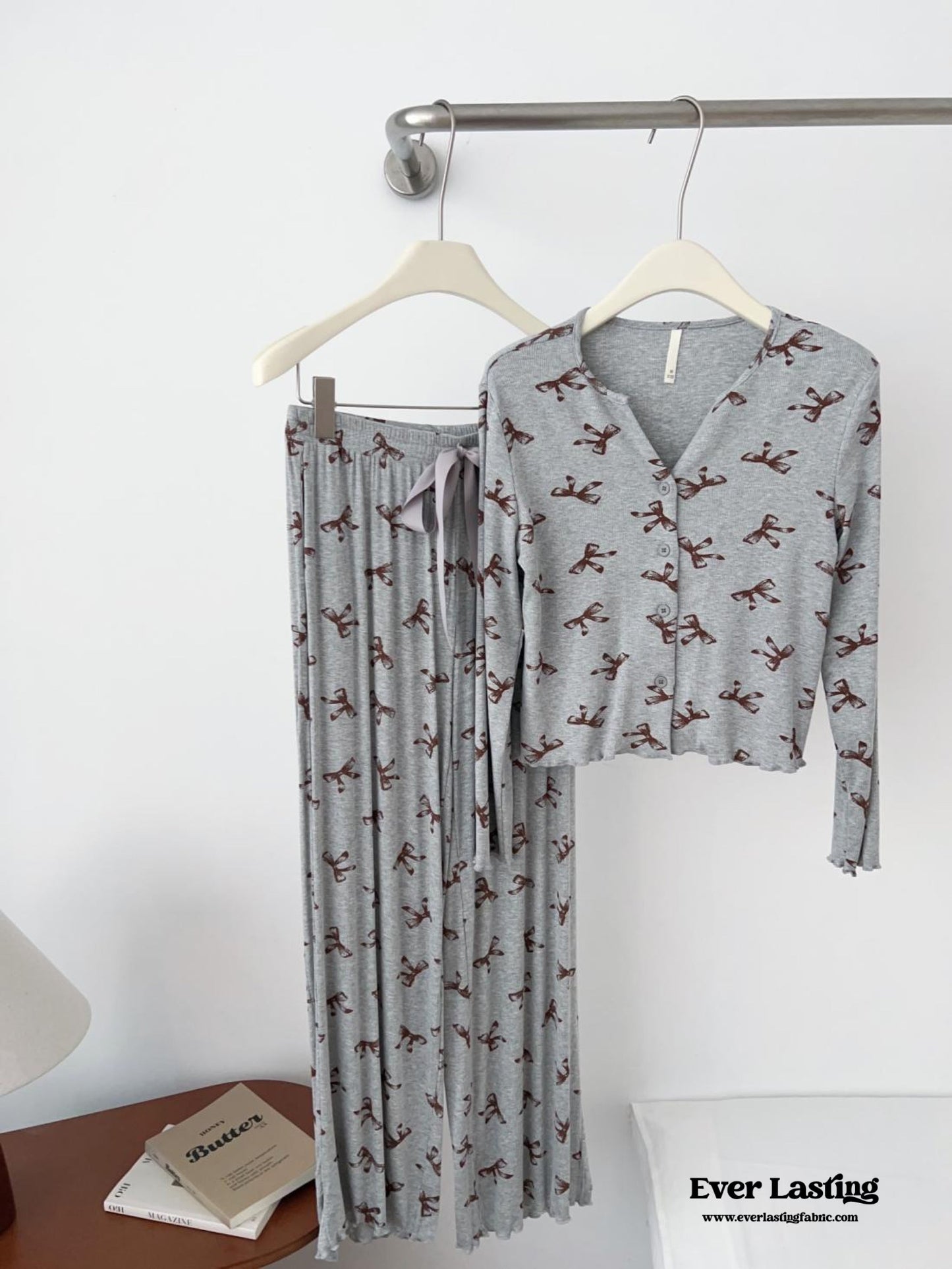 Bow V Neck Modal Pajama Set / Gray