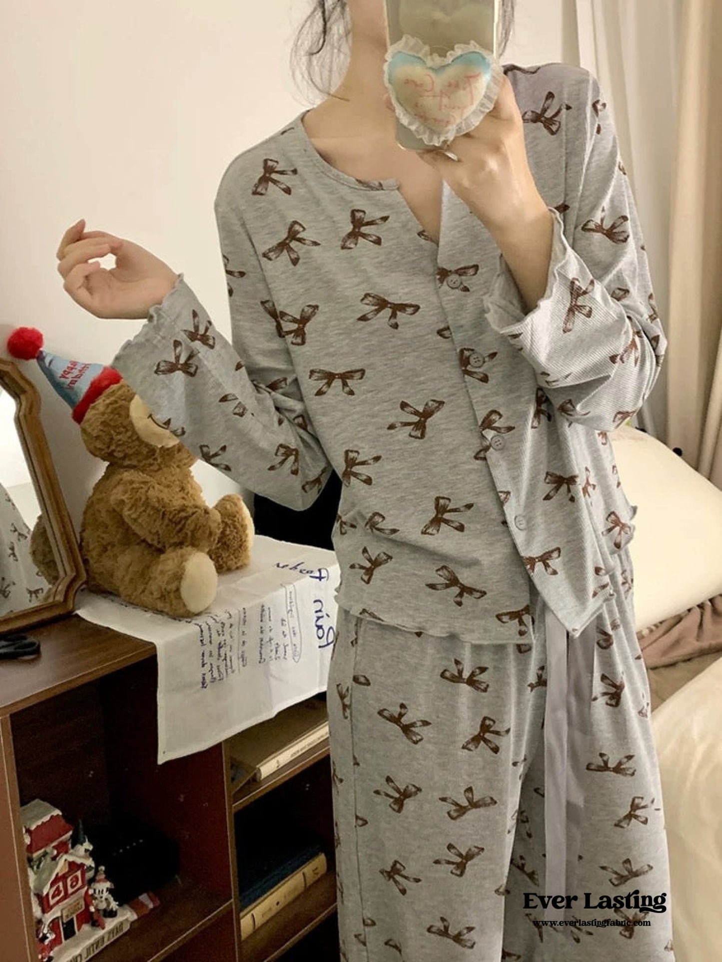 Bow V Neck Modal Pajama Set / Gray