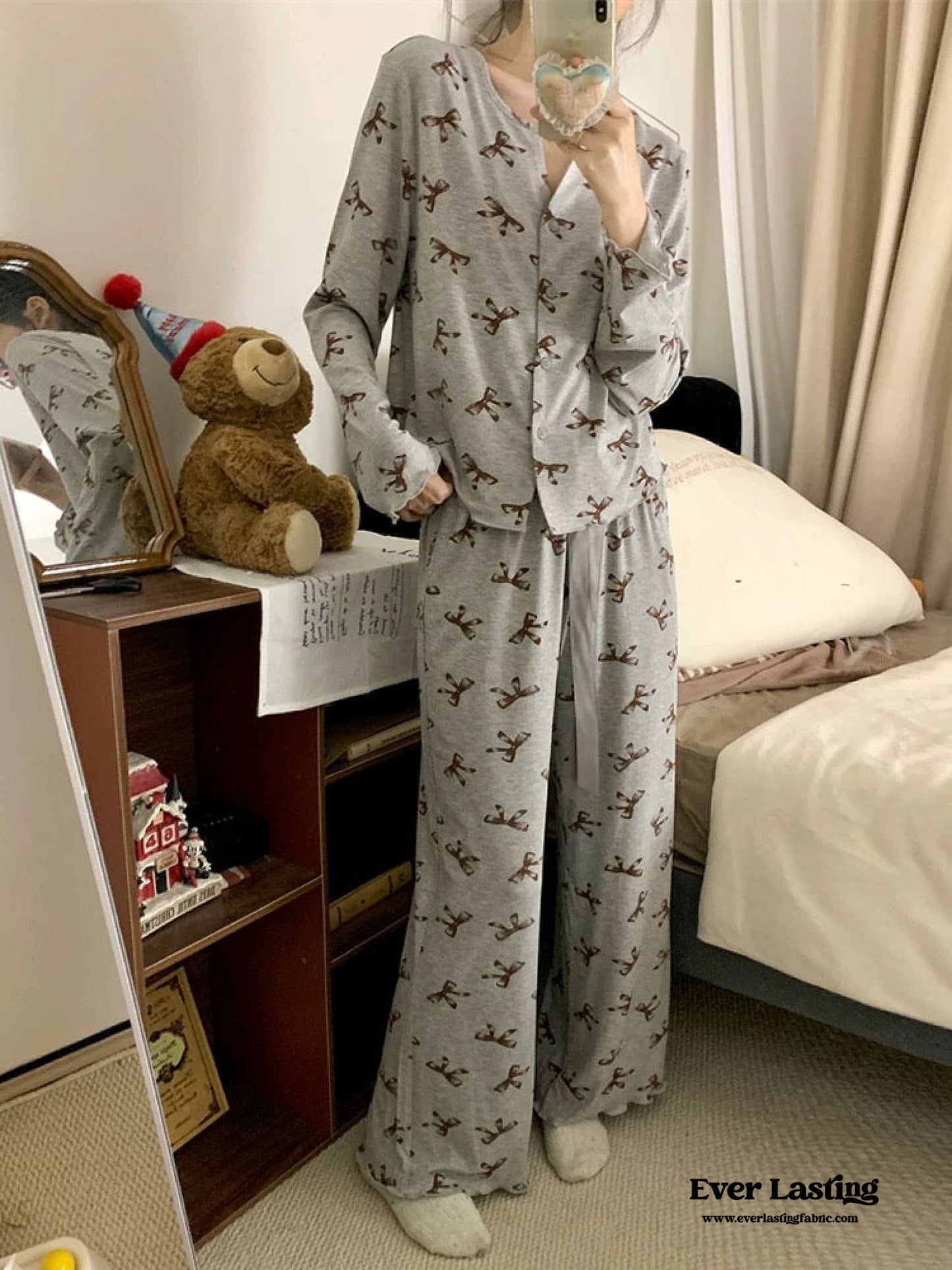 Bow V Neck Modal Pajama Set / Gray