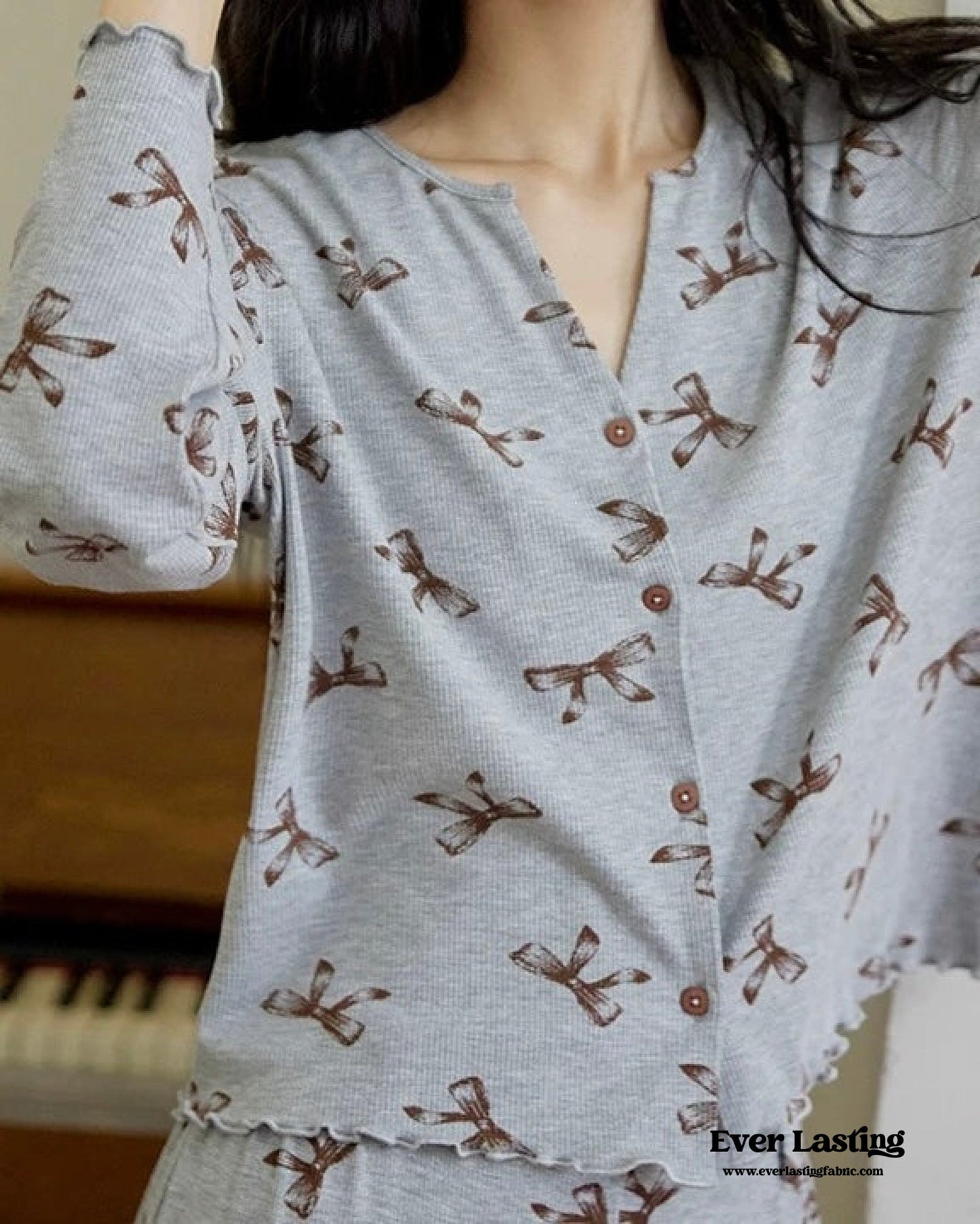 Bow V Neck Modal Pajama Set / Gray