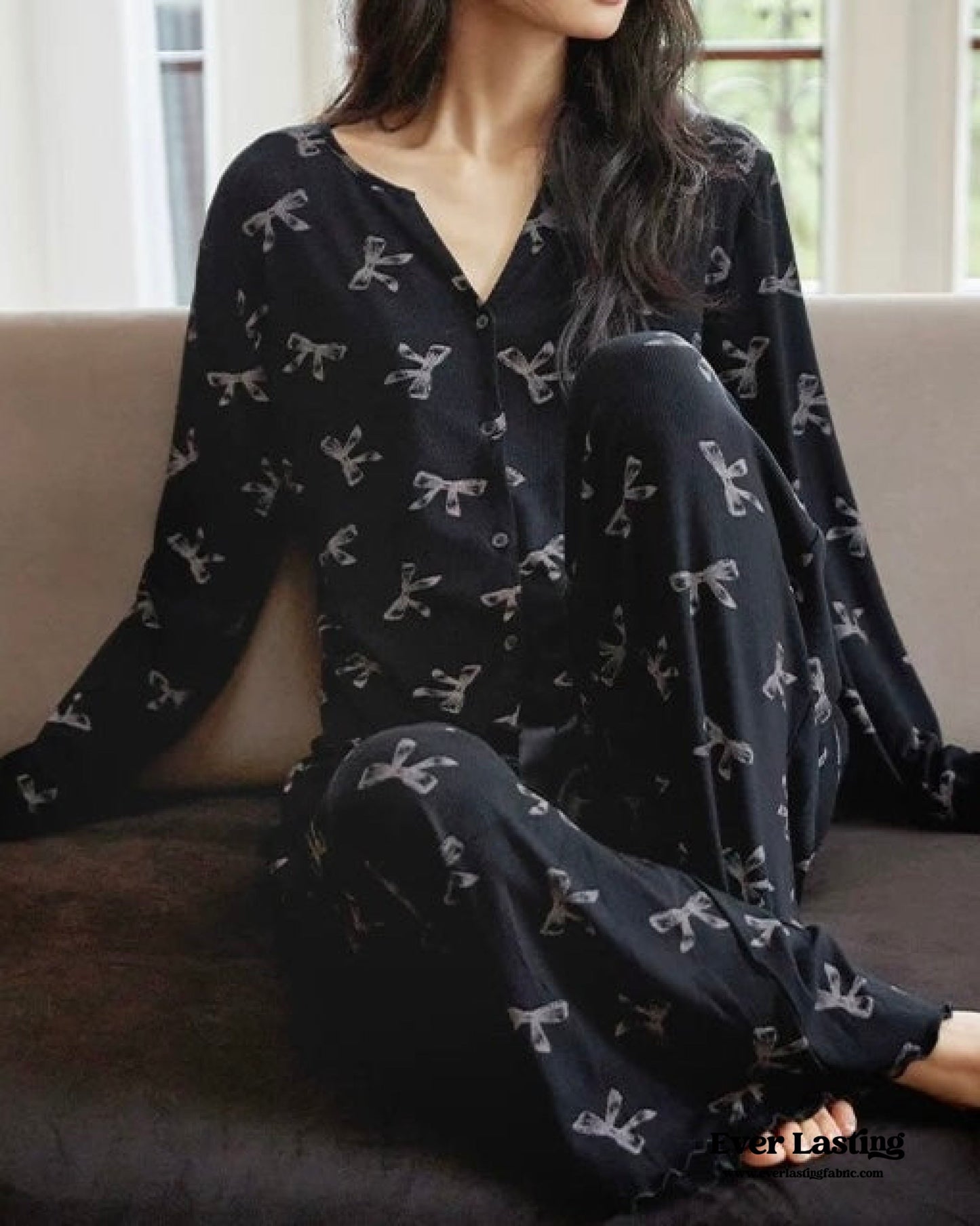 Bow V Neck Modal Pajama Set / Gray