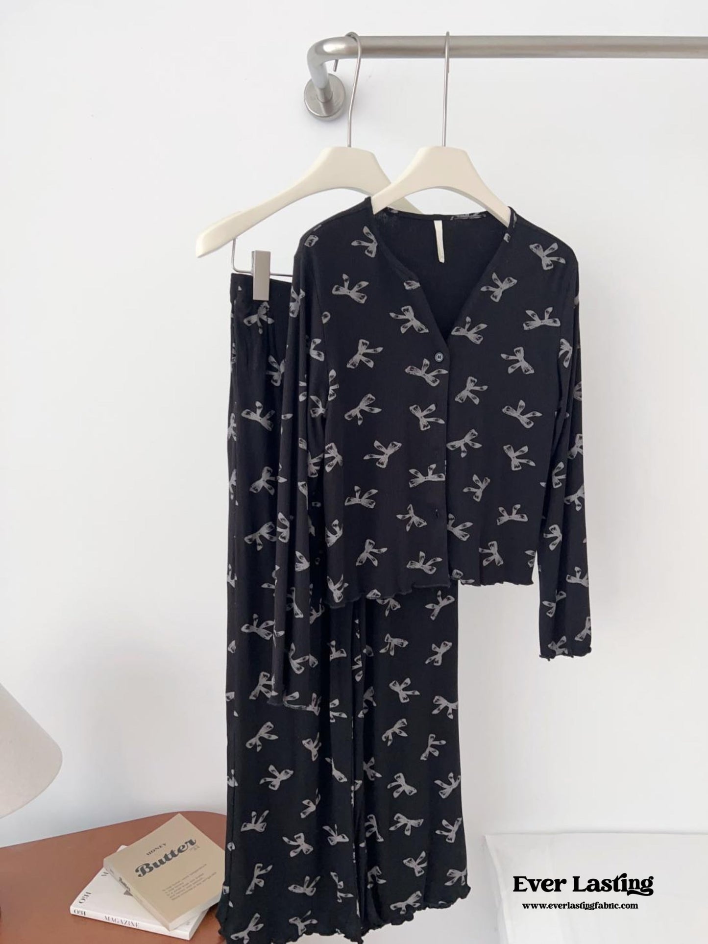 Bow V Neck Modal Pajama Set / Gray