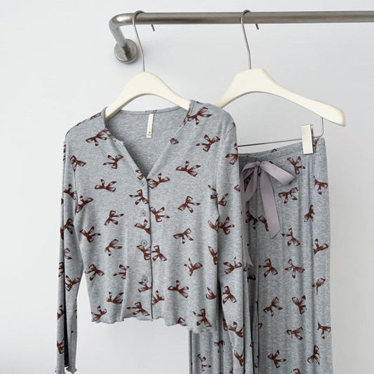Bow V Neck Modal Pajama Set / Gray