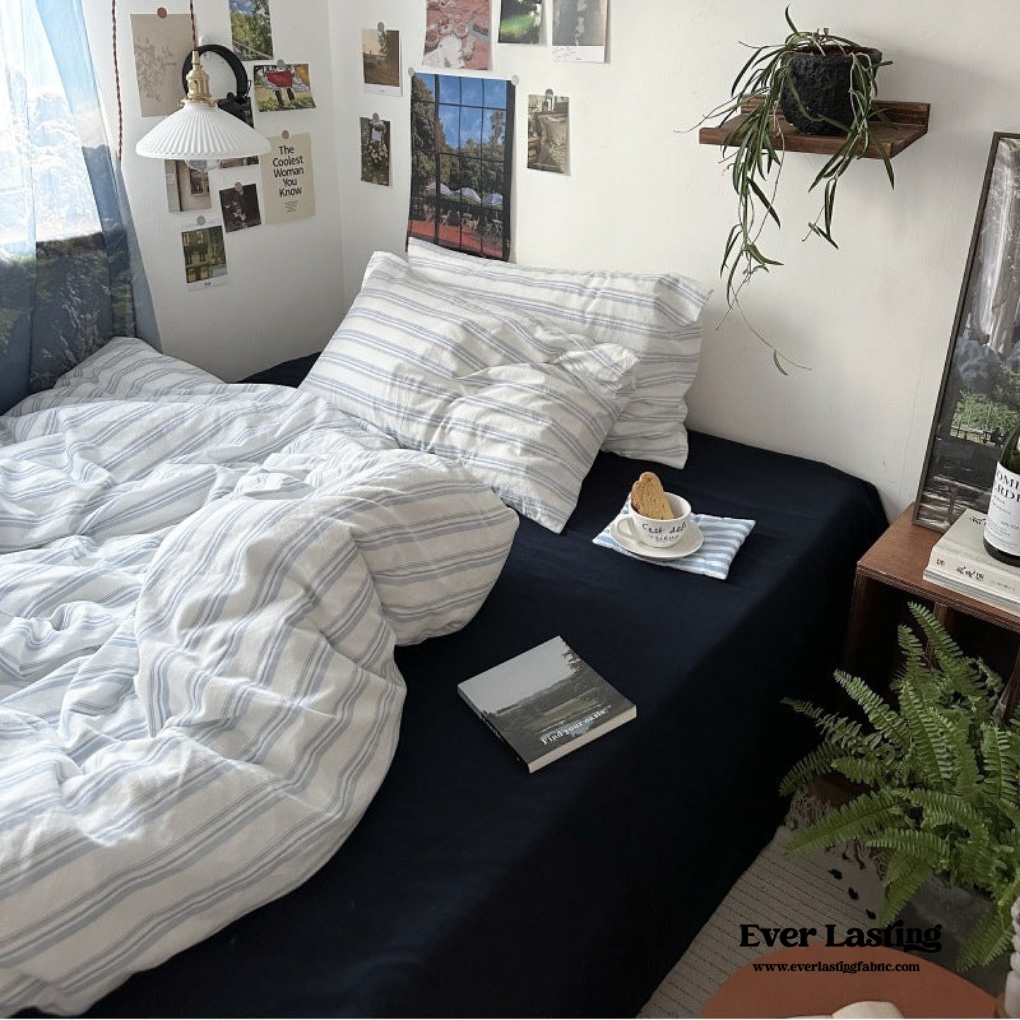 Breezy Stripe Washed Cotton Blue Bedding Set