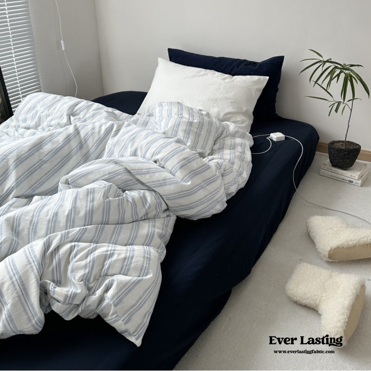 Breezy Stripe Washed Cotton Blue Bedding Set