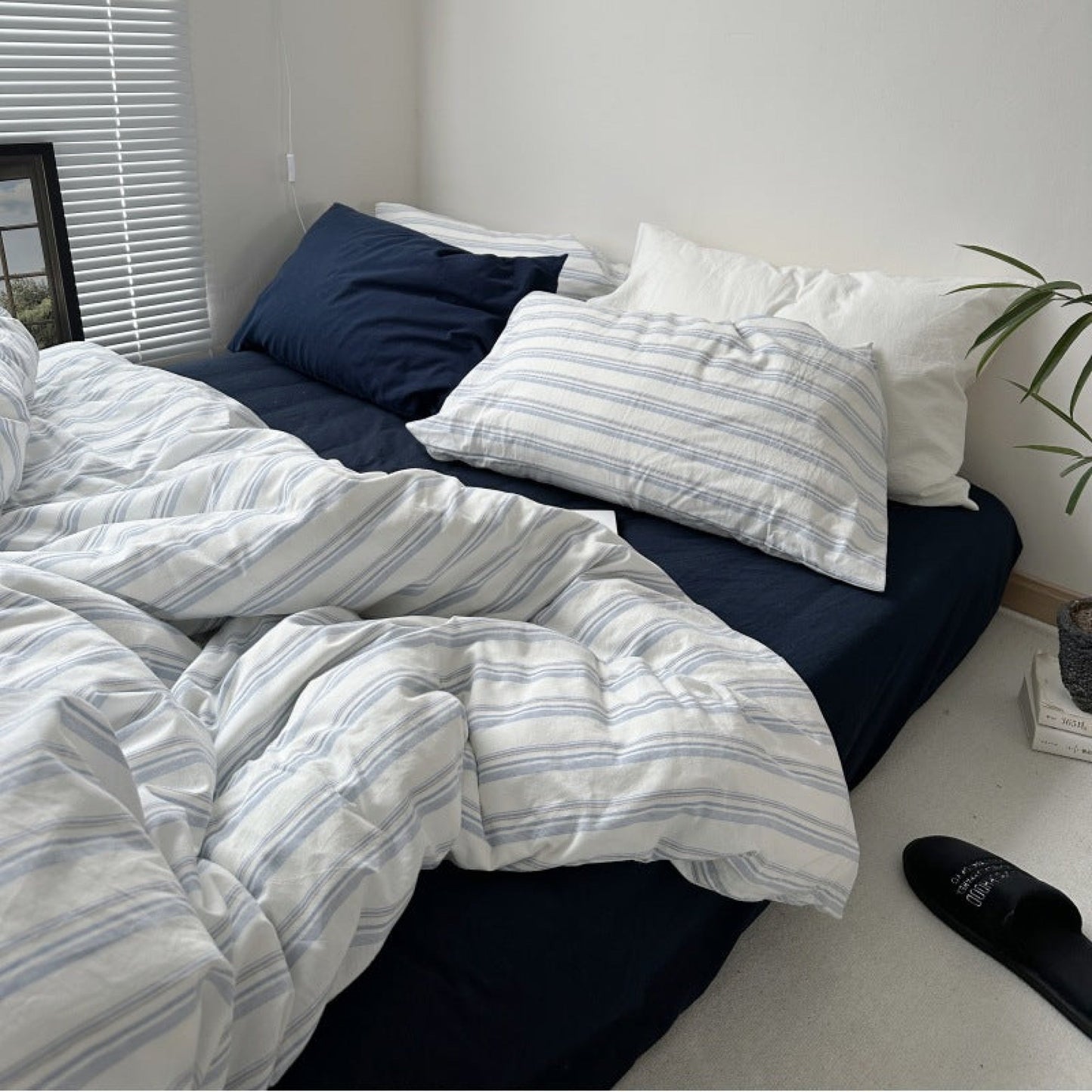 Breezy Stripe Washed Cotton Blue Bedding Set