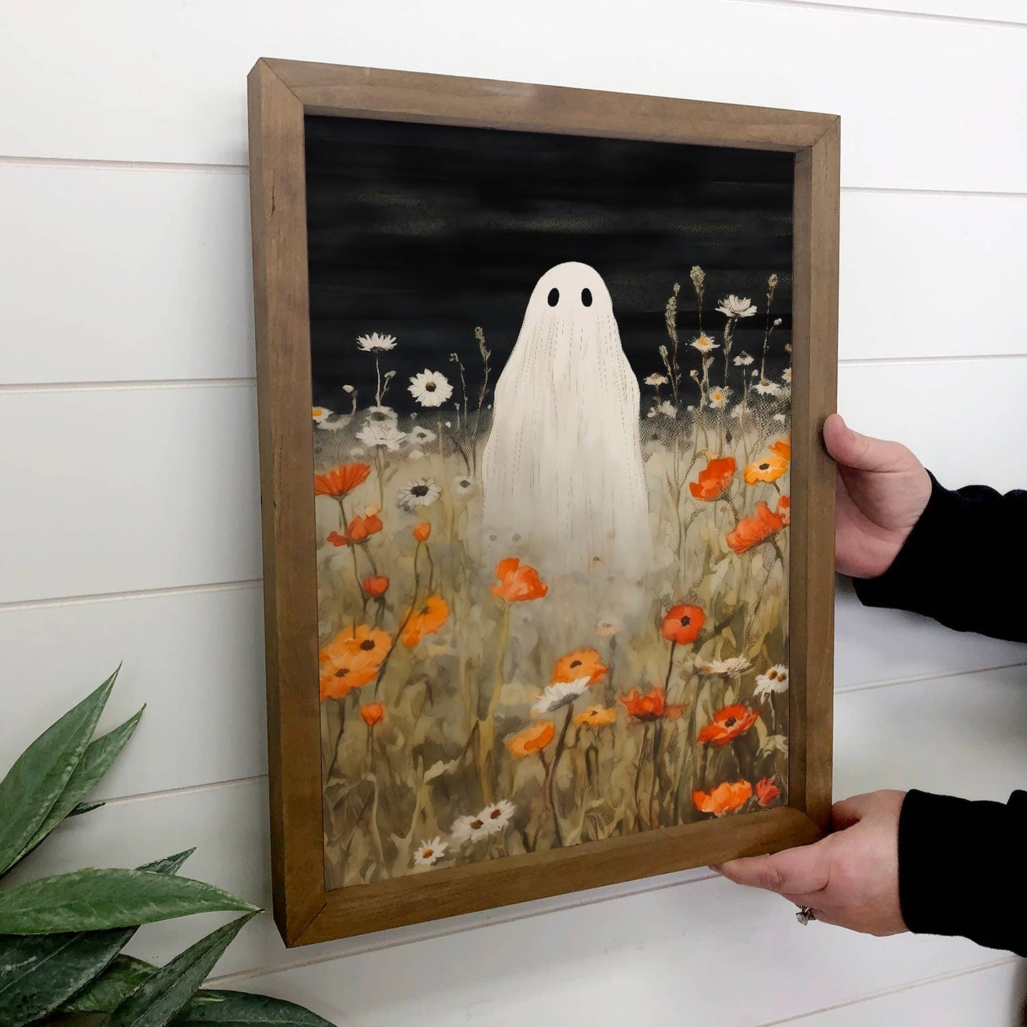 Ghost in Wildflowers - Halloween Nature Canvas Art - Framed