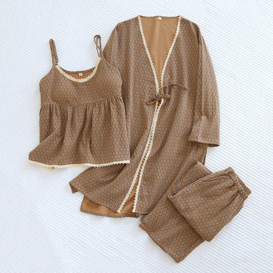 Floral Cotton Pajama Set / Brown
