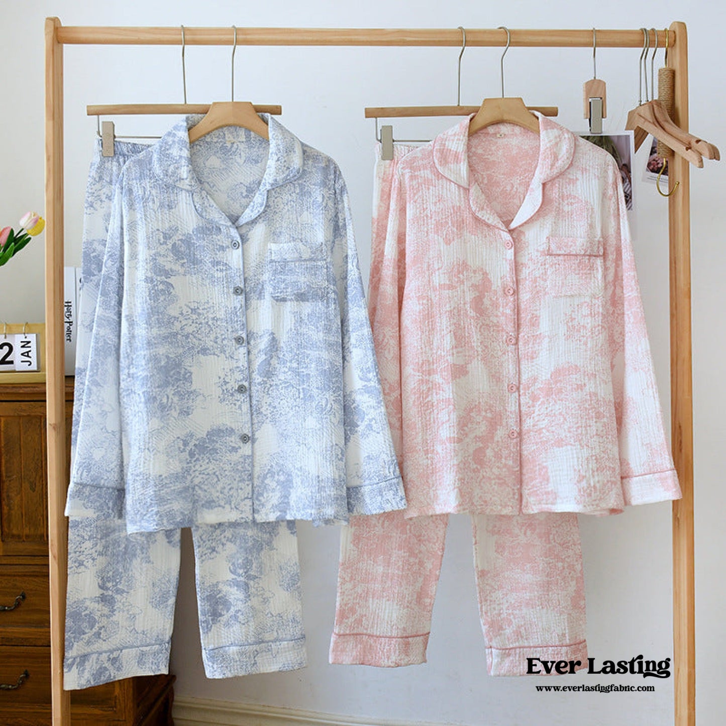 French Cottage Long Sleeves and Pants Cotton Pajama Set / Blue