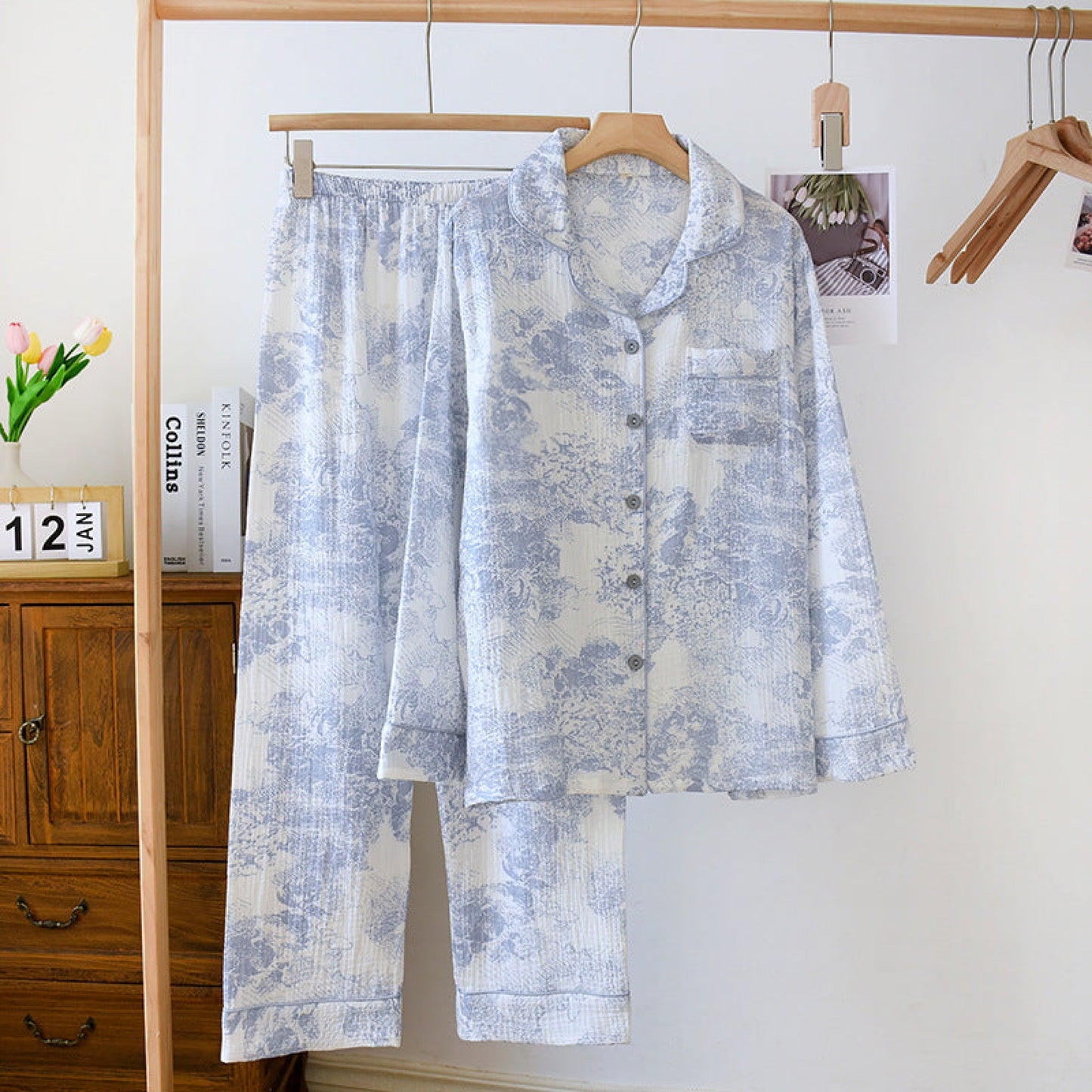 French Cottage Long Sleeves and Pants Cotton Pajama Set / Blue