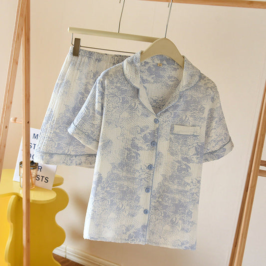 French Cottage Short Cotton Pajama Set / Blue