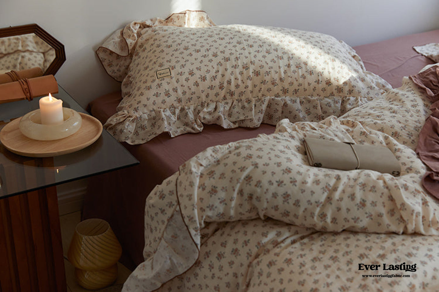 French Floral Earth Tone Double Layer Ruffle Bedding Set / Beige + Brown
