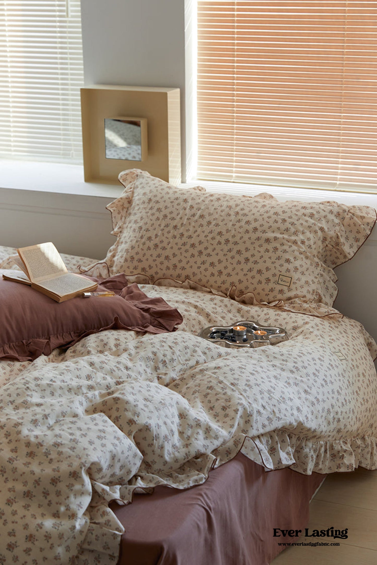 French Floral Earth Tone Double Layer Ruffle Bedding Set / Beige + Brown