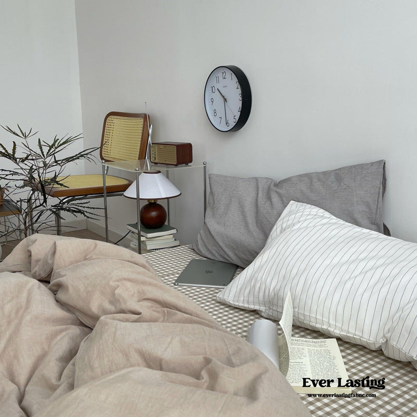Minimal Mixed Gingham Bedding Set / Khaki