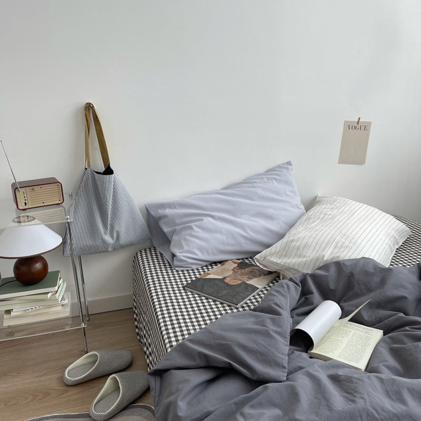 Minimal Mixed Gingham Bedding Set / Khaki