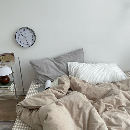 Minimal Mixed Gingham Bedding Set / Khaki