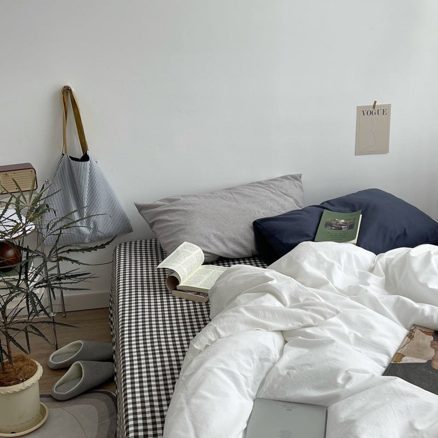 Minimal Mixed Gingham Bedding Set / Khaki
