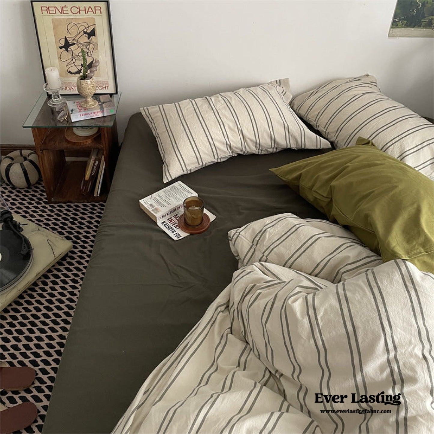 Minimal Vintage Stripe Bedding Set / Olive Green