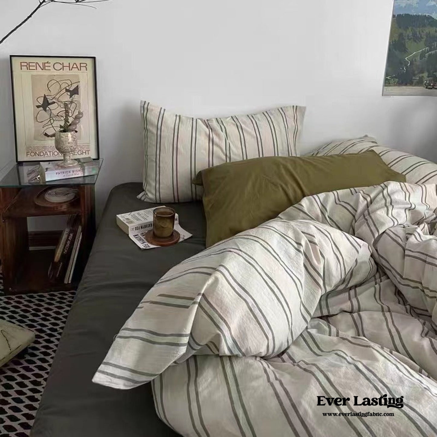 Minimal Vintage Stripe Bedding Set / Olive Green