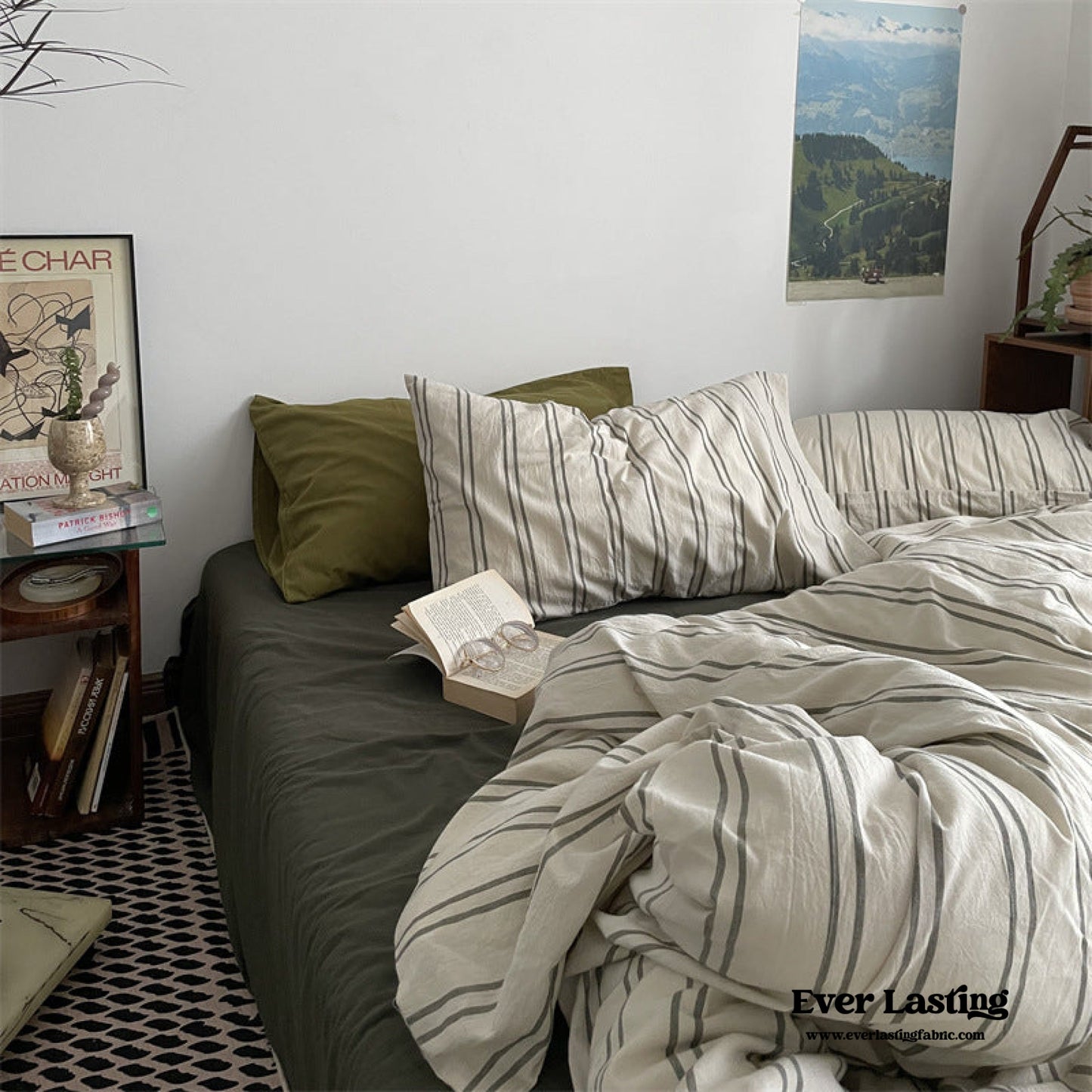 Minimal Vintage Stripe Bedding Set / Olive Green