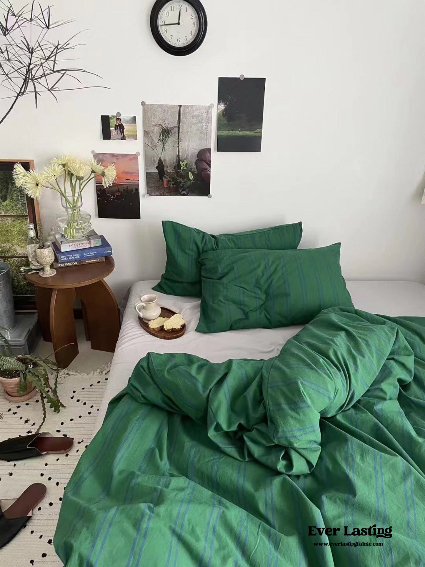 Minimal Vintage Stripe Bedding Set / Olive Green