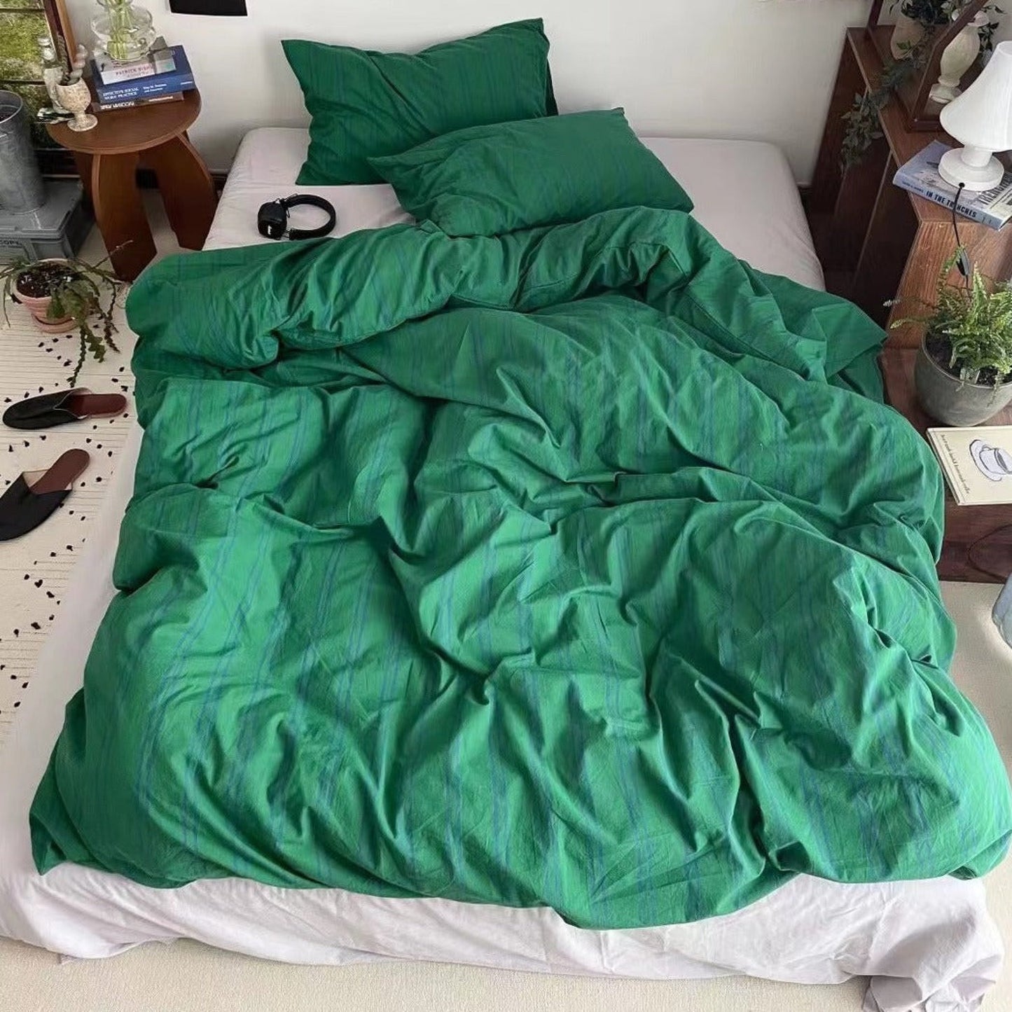 Minimal Vintage Stripe Bedding Set / Olive Green