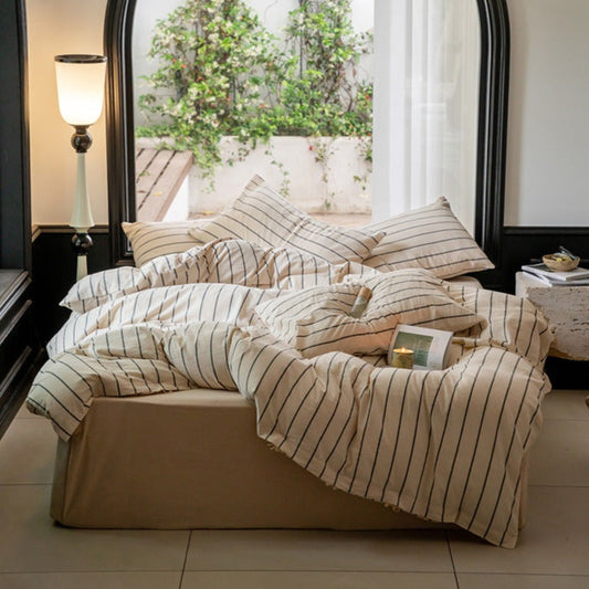 Minimalist Vertical Stripe Bow Ties Bedding Set / Beige Custard