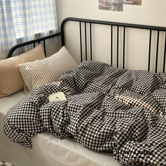 Mixed Gingham Striped Bedding Set / Black