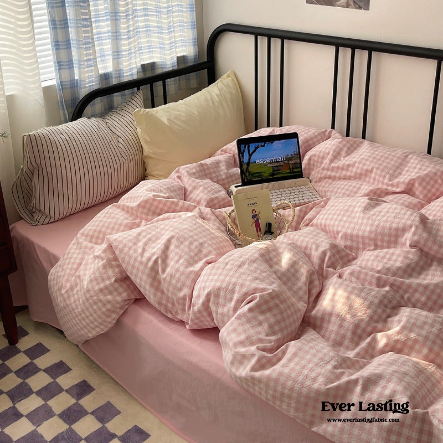 Mixed Gingham Striped Bedding Set / Black